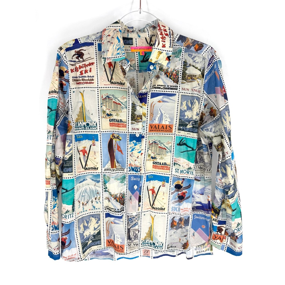 Vilagallo Vintage Ski Poster Stamp Print Button Down Shirt Size 42 US Med